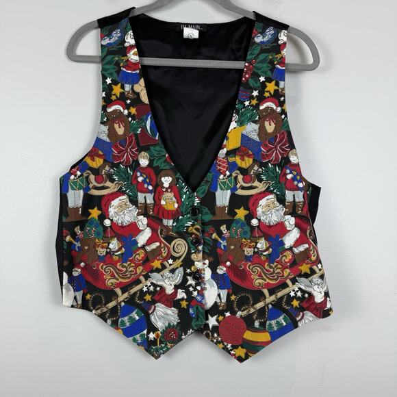 Vintage Jackets & Blazers - Vtg 111 Main Womens Christmas Vest Large Over Sweater Holiday Button Up Festive